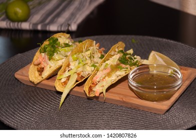 Mexican Food. Delicious Tacos Honey Mustard Chicken With Cole Slow Salad And Salsa Verde Sauce