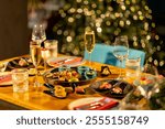 Mexican food and drinks. Restaurant service. A festive table set for Christmas and New Year