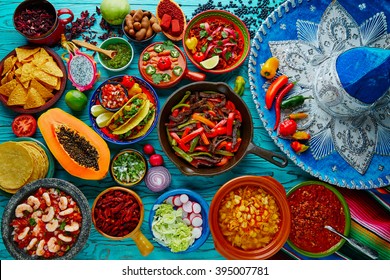 Mexican food mix colorful background Mexico and sombrero
