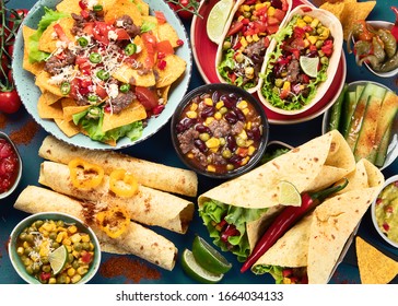 Mexican food mix on blue background. Top view 