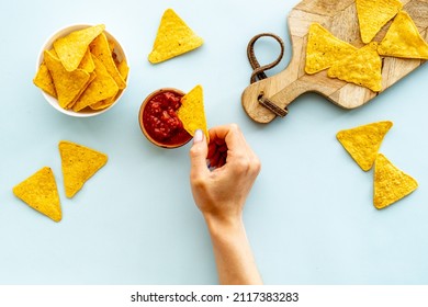 Mexican Food Nachos Chips With Tomato Salsa Sauce, Top View