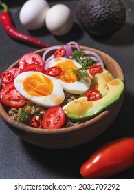 Mexican Lentils Salad With Eggs, Avocado, Chili Peppers, Onions, Tomato And Cholula Sauce