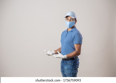 Mexican messenger wearing gloves and face mask isolated copy space