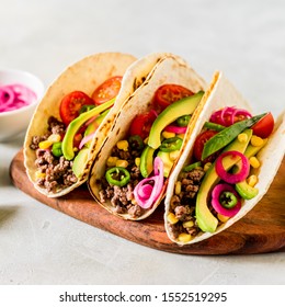Mexican Minced Beef Tacos with Vegetables and Corn Salsa, square