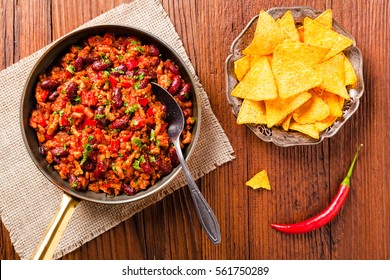 Mexican Nachos With Chili Con Carne. Top View.