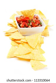 Mexican Nachos Corn Chips With Homemade Salsa, Isolated On White Background