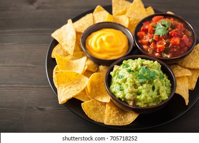 Mexican Nachos With Guacamole, Salsa And Cheese Dip