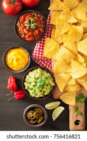 Mexican Nachos Tortilla Chips With Guacamole, Salsa And Cheese Dip