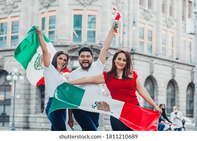 Mexican People And Soccer Fans From Mexico With Mexican Flag