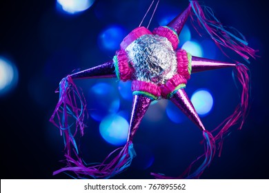 Mexican Pinata Used On Posadas At Christmas On A Blue Background