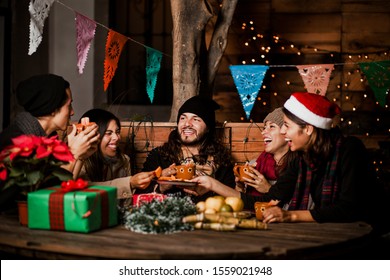 Mexican Posada Friends Celebrating Christmas In Mexico And Having Fun