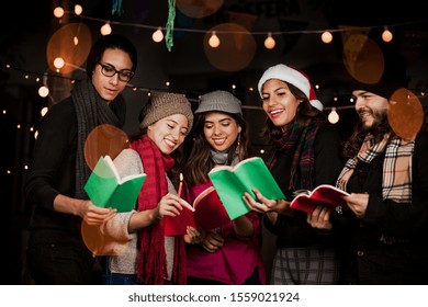 Mexican Posada, Mexican Friends Singing Carols In Christmas In Mexico