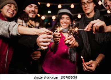 Mexican Posada, Group Of Friends With Sparklers In Christmas In Mexico