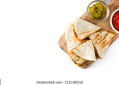 Mexican Quesadilla With Chicken, Cheese And Peppers, Isolated On White Background. Top View. Copyspace