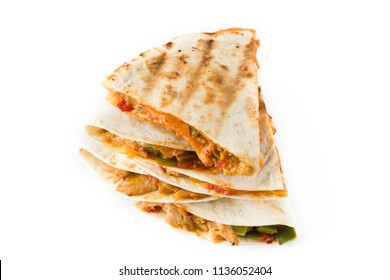 Mexican Quesadilla With Chicken, Cheese And Peppers, Isolated On White Background