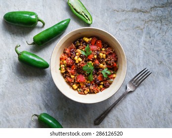 Mexican Quinoa Warm Salad, Chili, Vegetarian Food