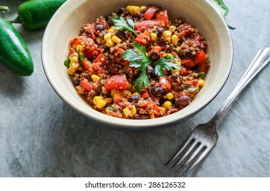 Mexican Quinoa Warm Salad, Chili, Vegetarian Food