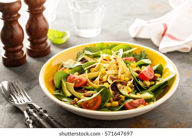 Mexican Salad With Bacon, Corn, Tortilla Strips And Avocado