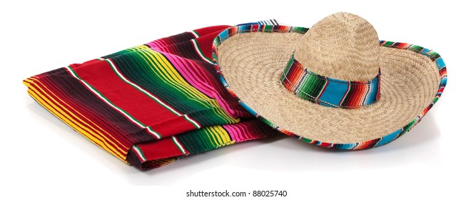 Mexican Serape And A Sombrero On A White Background