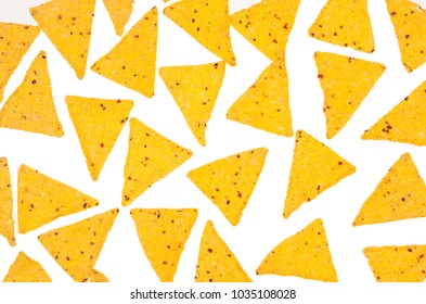 Mexican Snack -  Nachos As Fun Food Pattern, Isolated, Background, Top View.