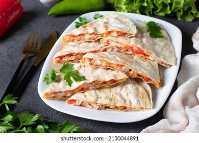 Mexican Snack Quesadilla From Tortilla With Bacon, Chicken, Cheese And Pepper In White Plate On Gray Background