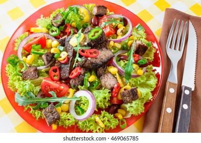 Mexican Spicy Beef Salad On The Plate. Grilled Beef Meat With Tasty Selection Of Vegetables.
