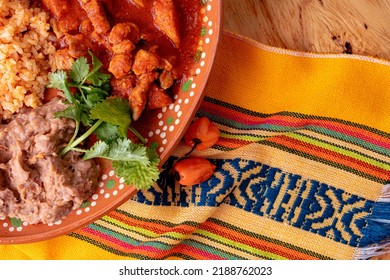 Mexican Spicy Pork Stew - Mexican Food Whit Chile Colorado, Rice And Beans.