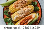 Mexican Street Corn: Grilled corn on the cob slathered in a creamy mixture of mayonnaise, lime juice, and chili powder, then sprinkled with cotija cheese and cilantro