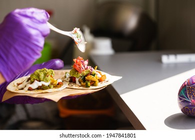 Mexican Street Fast Food With Tacos And Salsa. Chef Preparing Food In Food Truck. Selective Focus