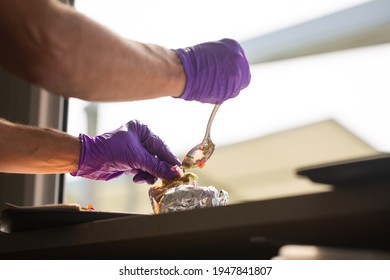 Mexican Street Fast Food With Tacos, Fajitas And Nachos. Chef Preparing Burritos In Food Truck. Selective Focus