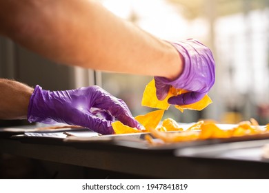 Mexican Street Fast Food With Tacos, Fajitas And Nachos. Chef Preparing Food In Truck. Selective Focus