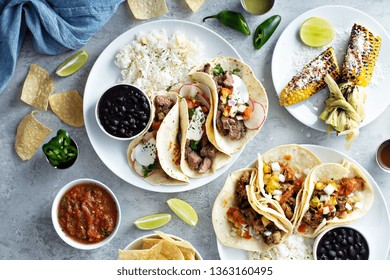 Mexican Street Food Variety With Tacos, Grilled Corn. Chips And Salsa