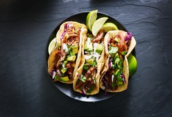 Mexican Street Tacos Flat Lay Composition With Pork Carnitas, Avocado, Onion, Cilantro, And Red Cabbage