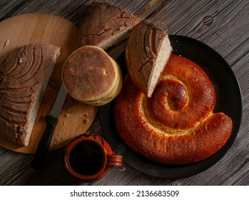 Mexican Sweet Bread Or Artesian Bread Traditional From Oaxaca, Top View, Flat Lay Overhead View Horizontal