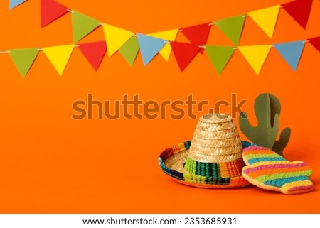 Mexican symbol cactus and sombrero on colored background