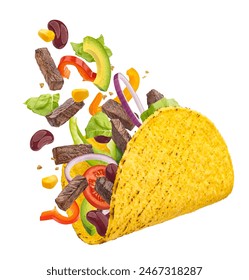 Mexican taco with falling beef meat and vegetables isolated on white background