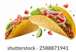Mexican taco or tacos flying and falling isolated on white background with clipping path