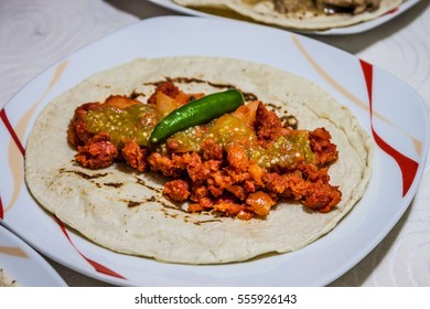 Mexican Taco. Tortilla With Mexican Food. Potatoes With Chorizo. Tasty Latin American Dish Of Delicious Food.