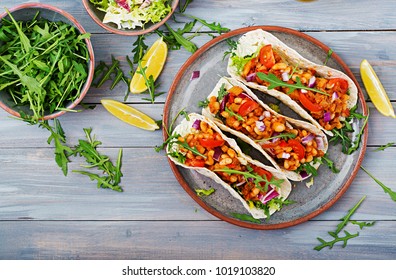 Mexican Tacos With Beef, Beans In Tomato Sauce And Salsa. Flat Lay. Top View.