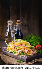 Mexican Tacos With Chicken Meat, Vegetables And Red Onion. Mexican Taco.