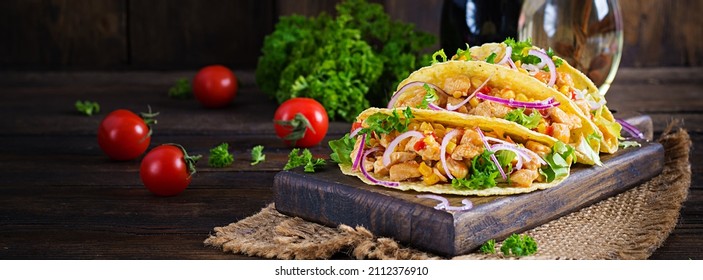 Mexican Tacos With Chicken Meat, Vegetables And Red Onion. Mexican Taco.