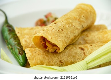 Mexican Tacos, Fish Taco In A Corn Tortilla, A Roasted Green Chili And Corn Husk, Mexican Food