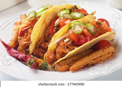 Mexican Tacos With Ground Beef, Chili Salad And Baby Corn