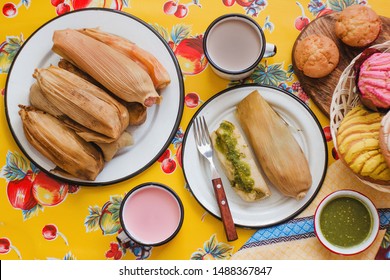 mexican tamales of corn leaves with green sauce and atole, Tamales Breakfast in Mexico
