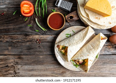 Mexican Tortilla Quesadilla With Scramble Eggs, Vegetables, Ham And Cheese, Mexican Cuisine, Mexico And Latin America Traditional Restaurant Menu Dish, Food Cooking Recipe Book Cover.