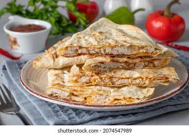 Mexican Tortilla Quesadilla With Turkey, Cheese And Tomato Salsa, Closeup