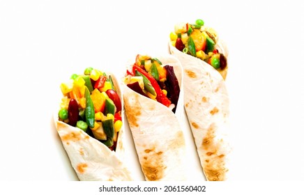 Mexican Tortilla With Vegetable Fillings On White Background. Healthy Eating Concept Or Eat Less Meat.Close-up