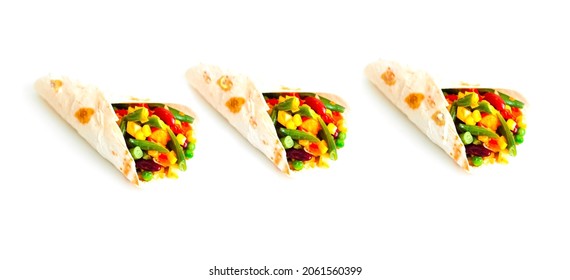 Mexican Tortilla With Vegetable And Mushroom Fillings On White Background. Healthy Eating Concept Or Eat Less Meat.