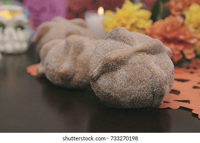 Mexican traditional bread on altar for day of the dead