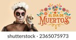 Mexican woman with painted skull and text EL DIA DE MUERTOS (Day of the Dead) on beige background